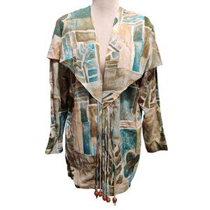 Vintage Abstract Watercolor Drape Jacket Size 6 USA Made Boho Artsy Chic Beaded